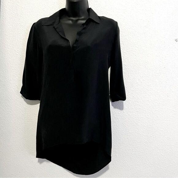 Rory Beca 100% Silk Black Split 1/4 Neck3/4 Sleeve Tunic Popover Blouse XS - Picture 1 of 16